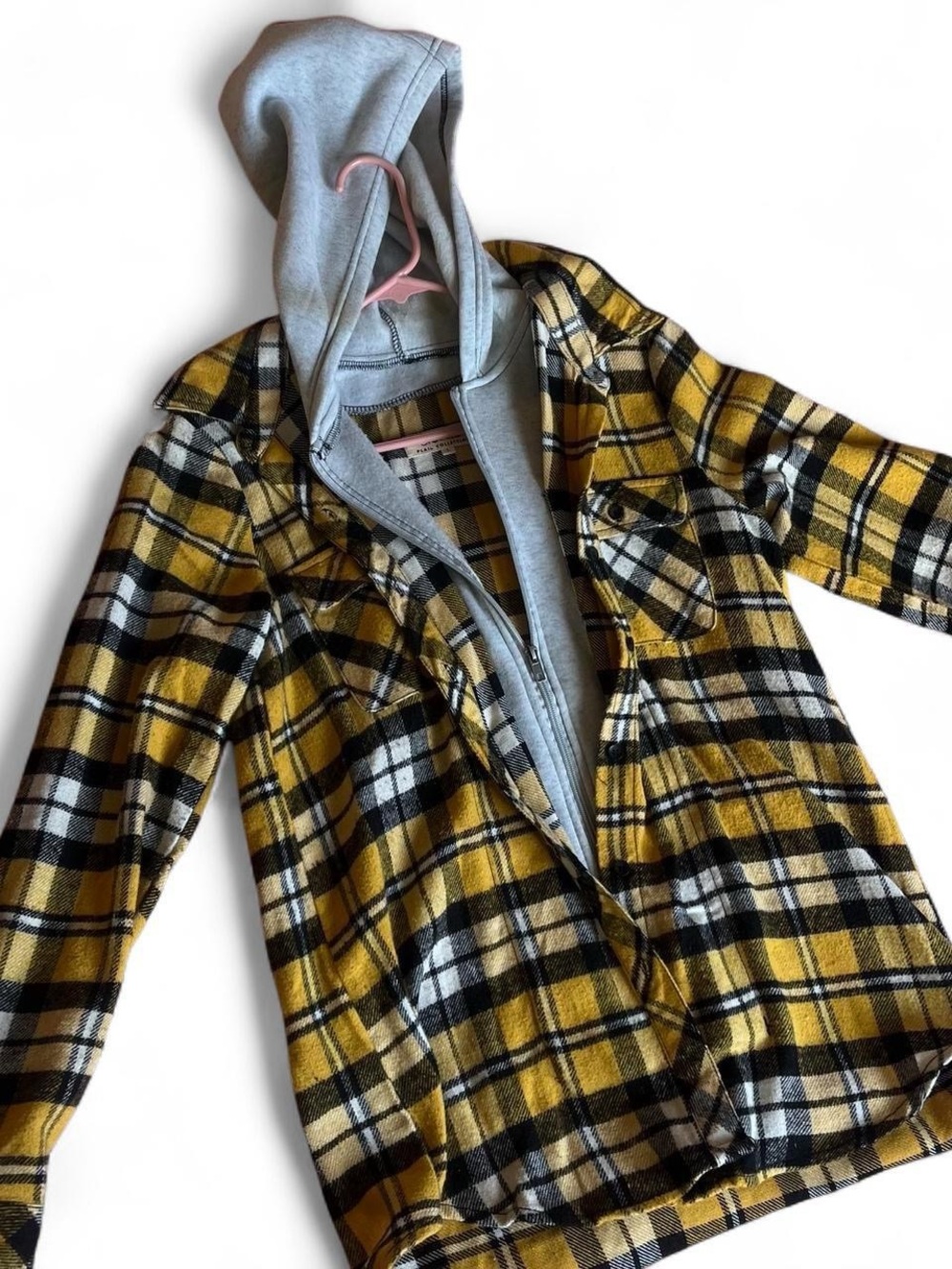 Ci Sono Yellow and Black Plaid Hooded Utility Jacket